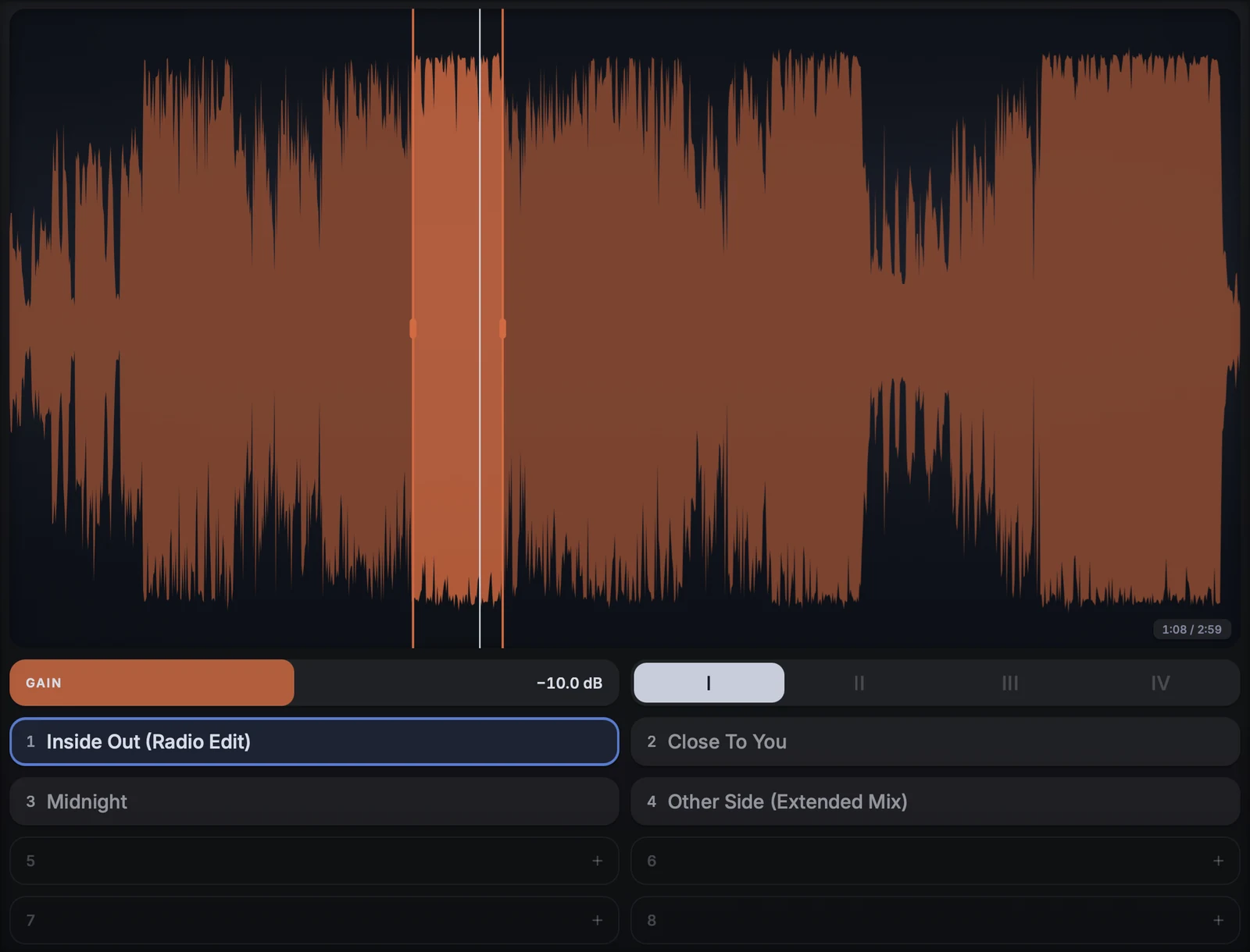 Reference pane: waveform with loop points and slot library